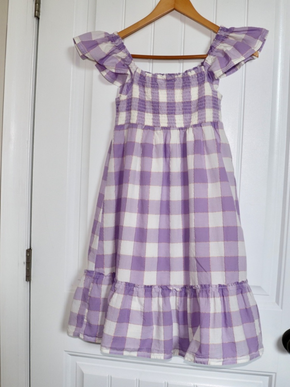 Gap Kids Smocked Midi Dress Purple/Lavender White Check Gold Thread Sz Large